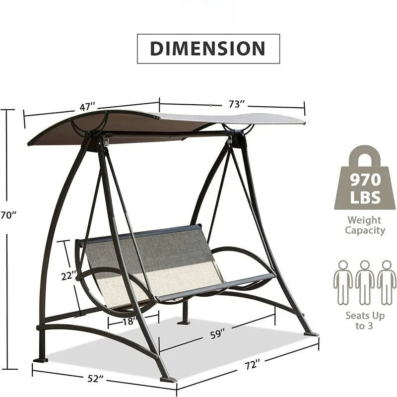 3-Seat Patio Swing Chair with Adjustable Canopy and Durable Steel Frame