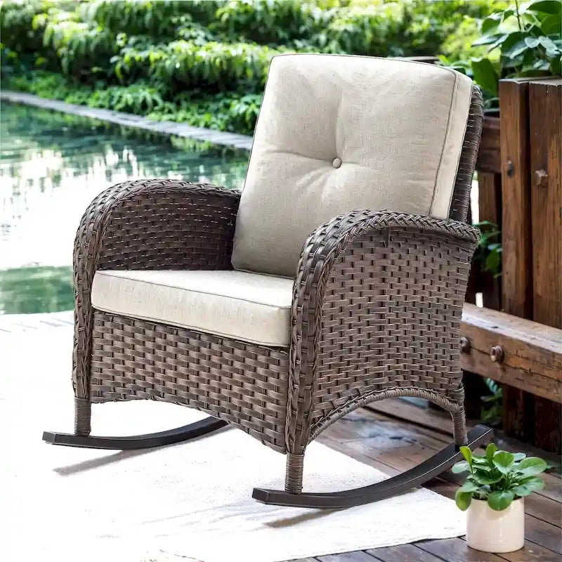 Patio Rattan Rocker Chair with High Back - Brown