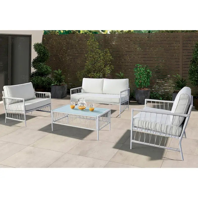 Furniture of America Plato 4-Piece Patio Modern White Wicker Conversation Set