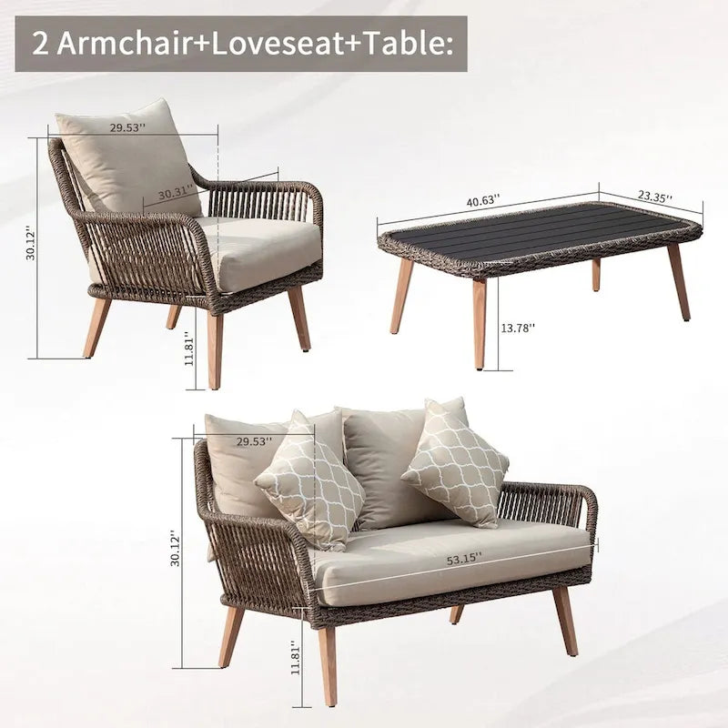 Patio Conversation Sets 4-Pieces, Handwoven Rattan Wicker Aluminum Frame Outdoor Patio Set - 54.72 * 31.69 * 22.83