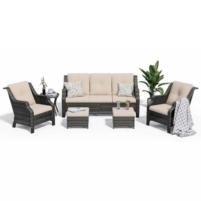 Cozywor 6-Piece Outdoor Patio Rattan Wicker Chairs with Side Table and Two Ottomans for Backyard Porch Deck, Metal Rocking Frame