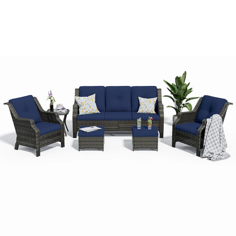Cozywor 6-Piece Outdoor Patio Rattan Wicker Chairs with Side Table and Two Ottomans for Backyard Porch Deck, Metal Rocking Frame