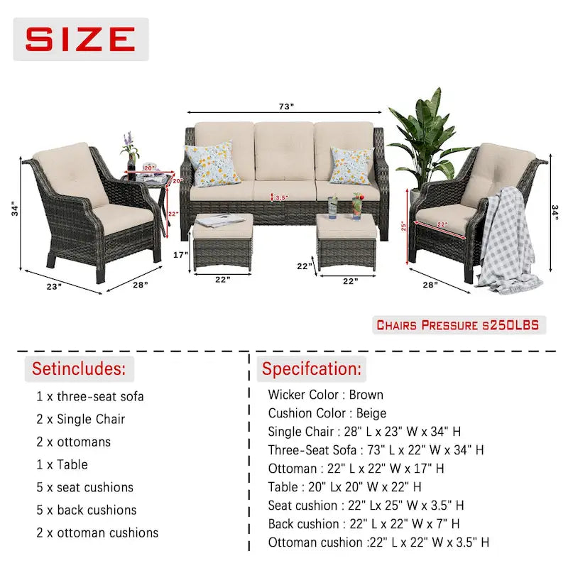 Cozywor 6-Piece Outdoor Patio Rattan Wicker Chairs with Side Table and Two Ottomans for Backyard Porch Deck, Metal Rocking Frame